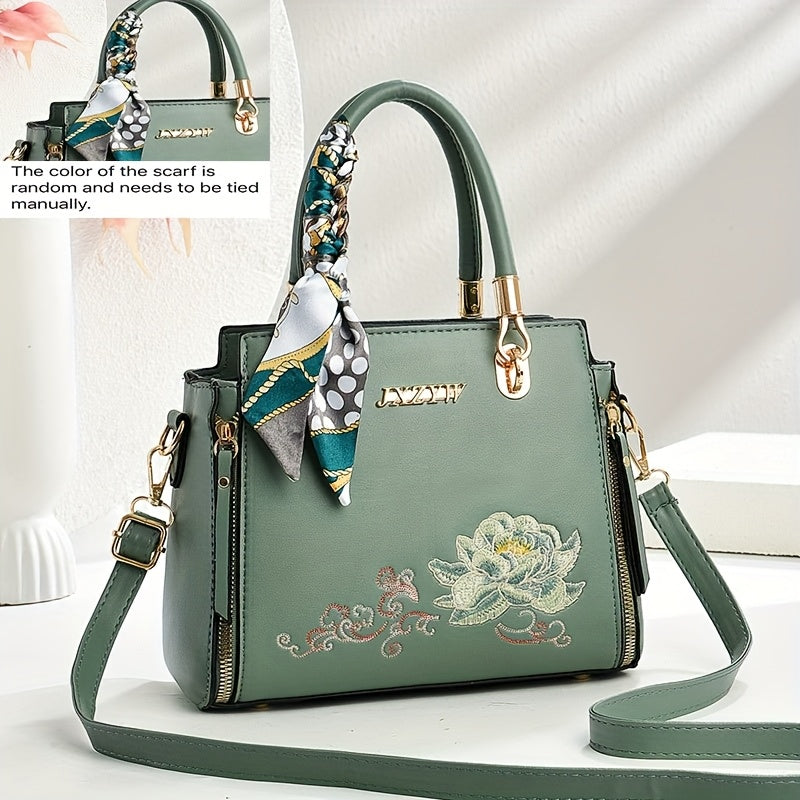 JXZYW Women'S Floral Embossed Large Capacity Tote Bag - Stylish White Shoulder Handbag with Golden-Tone Hardware, Black Handles & Floral Design for Commuting, Shopping, and Casual Outings, Versatile Carryall, Sophisticated Ac
