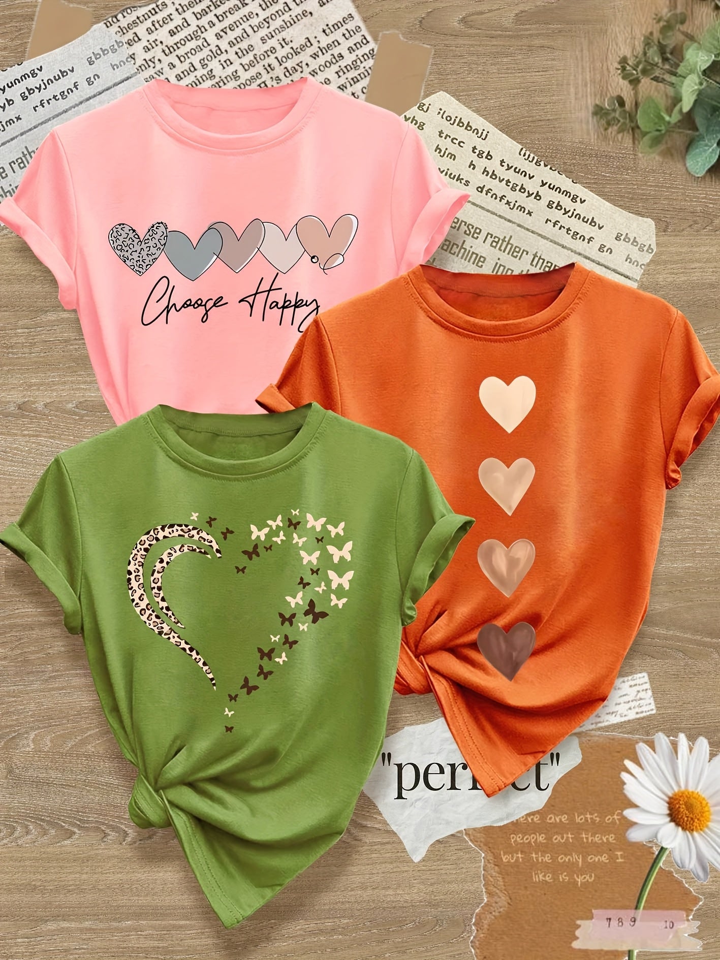 Leopard Print Small Butterfly Love Hearts in Pairs with English Letter Pattern Printed Fashion Retro Style Women's Spring, Autumn and Winter Casual Sports Top Round Neck Short Sleeve T-shirt 3pcs Combination Pack Family Pack