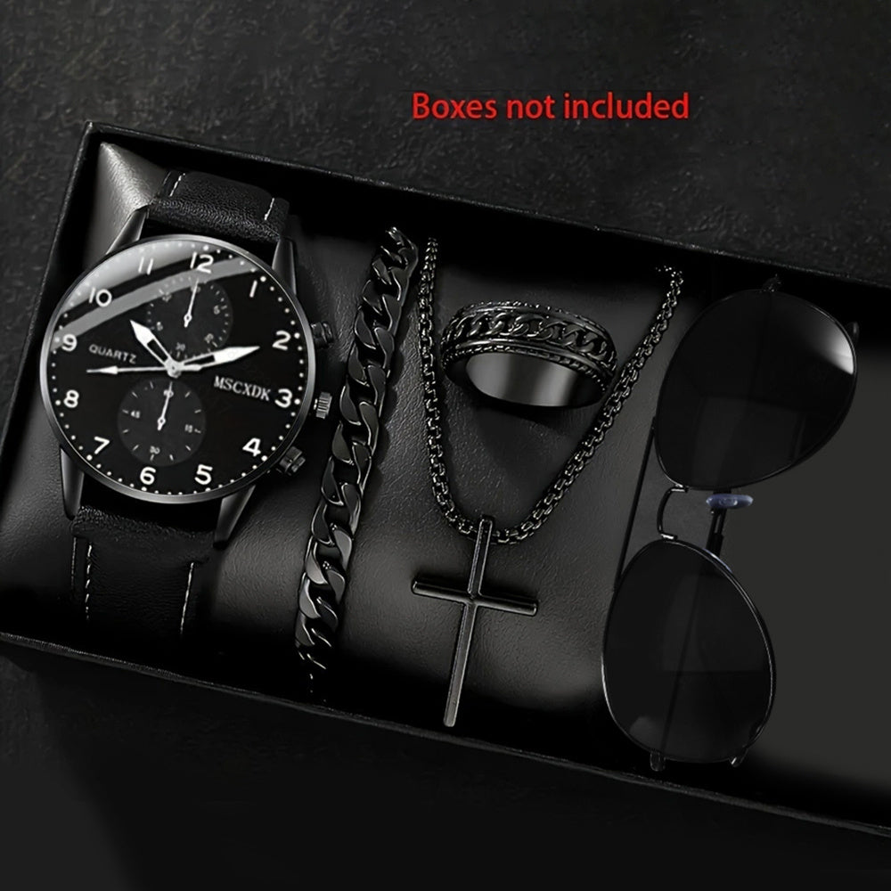 5pcs men&women's Watch Set - Stylish Casual Quartz Wristwatch, Necklace, Bracelet, Ring, and Glasses, Suitable for Women&women