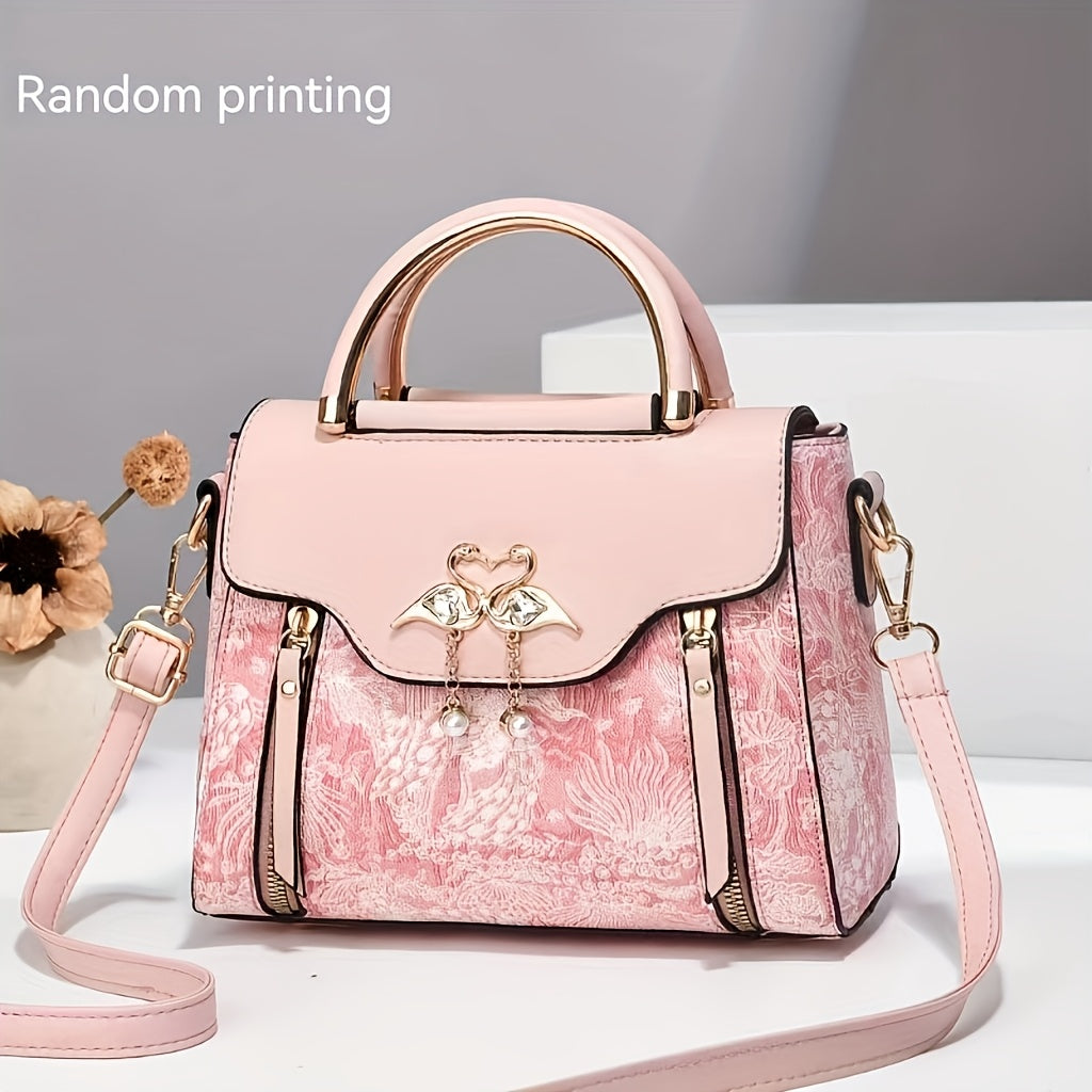 Elegant Handbag for Wo, Geometric Print, Multi-Layered Fashion Handbag with Zipper Closure, Polyester Lined, Edge Paint Detail, Versatile for Various Occasions - Blue/White/Pink/Black