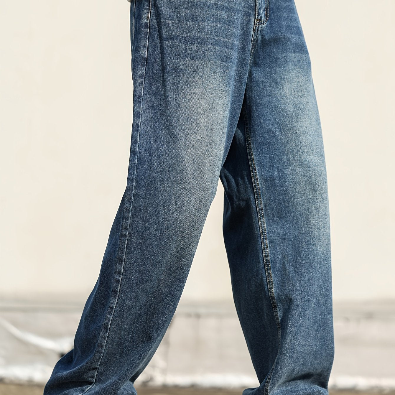 Men'S Casual Loose Fit Wide Leg Denim Jeans, Cotton Blend, Non-Stretch, Solid Color, with Pockets, for All-Season Wear, Fashionable Street Style Trousers