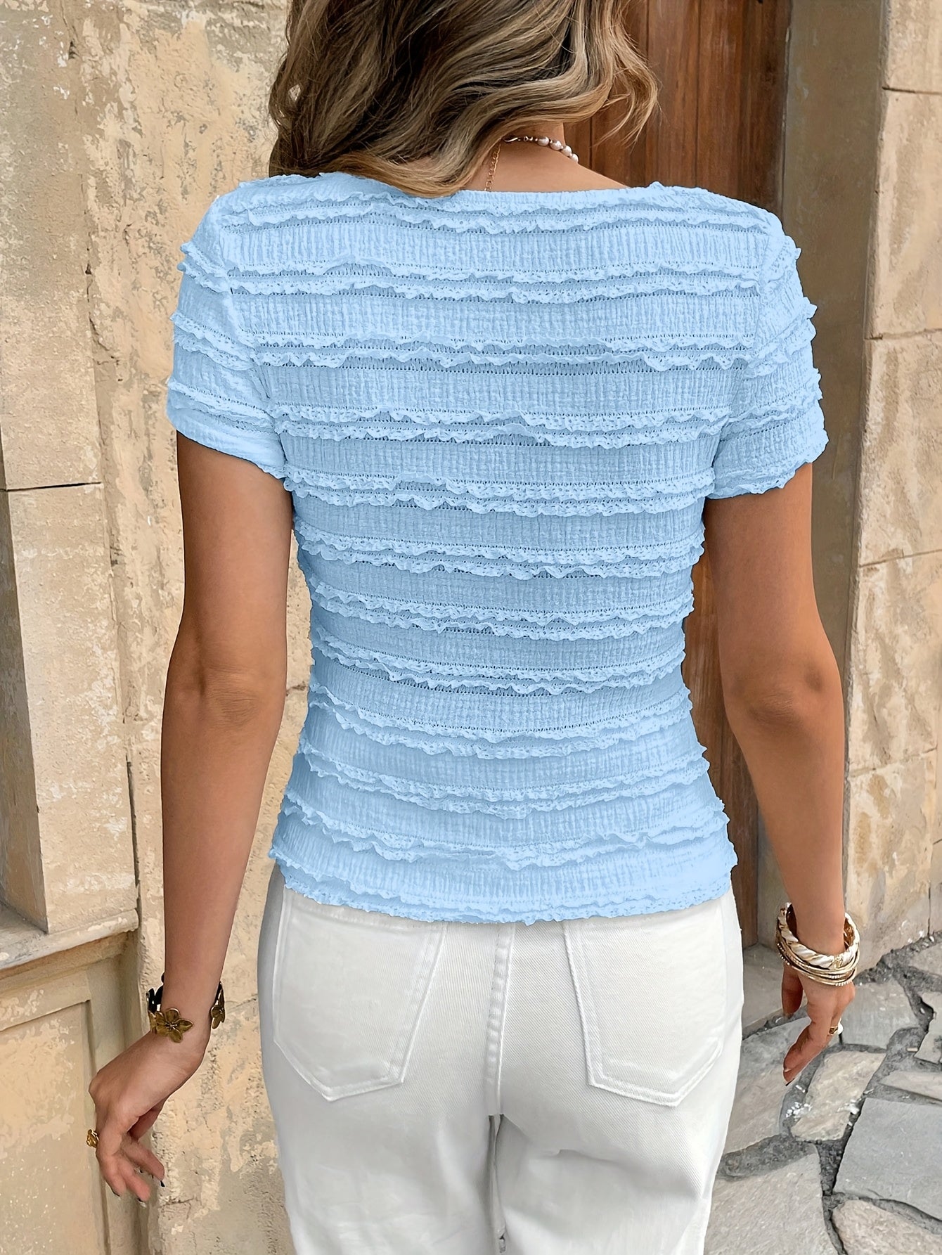 Women'S Elegant Ruffle Trim Short Sleeve T-Shirt with Front Bow Detail - Lightweight Casual Beach Vacation Top, Solid Color, Spring/Summer Collection, Beach Vacation Top | Ruffle Trim Top | Lightweight Fabric