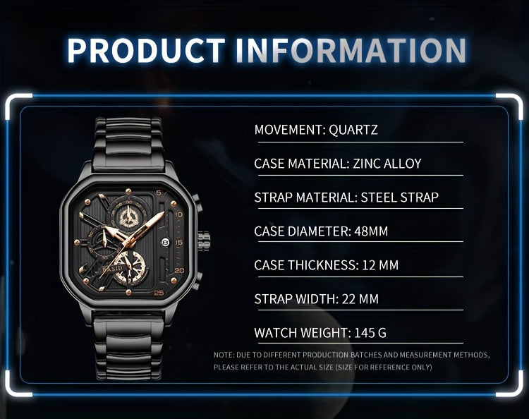 BASID Men's Elegant Square Analog Quartz Watch with Date Display & Stopwatch - Stainless Steel Strap, Black Dial - Casual & Dress Watch for Men, Unique Gift Idea, Versatile Wristwatch, Sleek Watch Design, Polished Finish