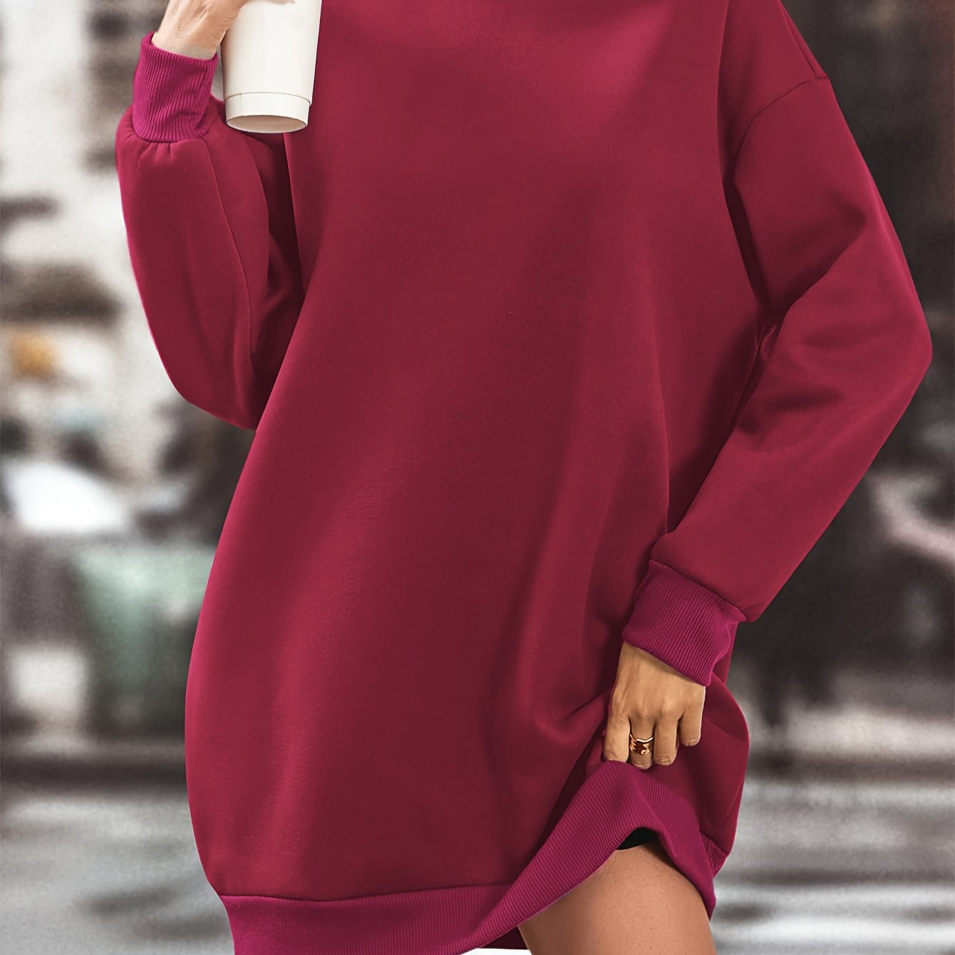 Elegant Women'S Fleece-Lined Sweatshirt Dress - Polyester Knit Fabric, Solid Color, Crew Neck, All-Season Loose Long Sleeve Casual Wear