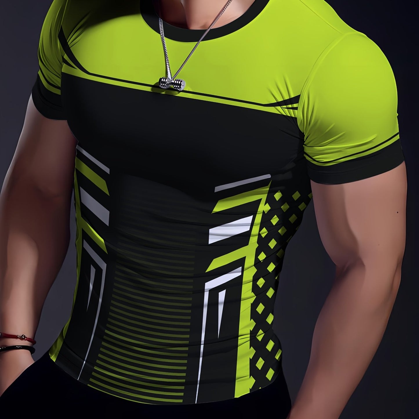 Geometric print high stretch skinny fit short sleeve crew neck T-shirt, quick-drying sports top for summer fitness, training and gym wear