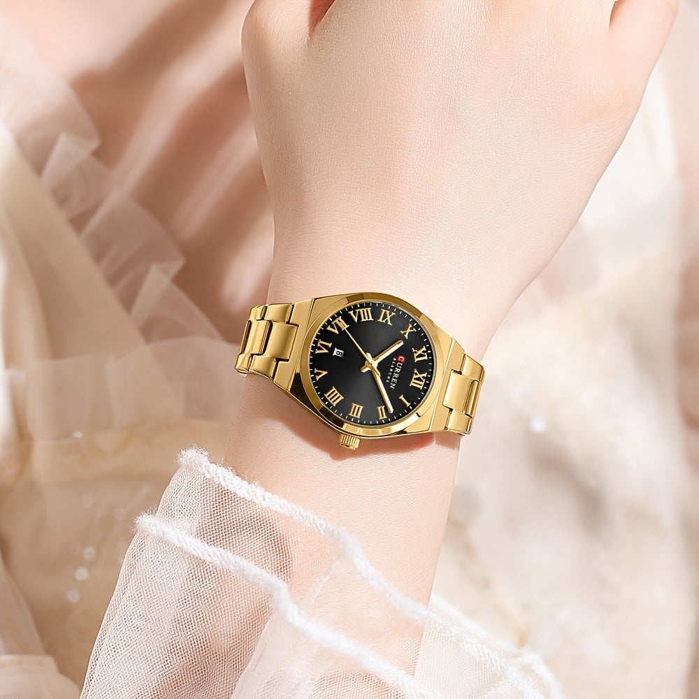 Fashionable Brand Of CURREN Ladies' Watches With A Casual And Simple Stainless Steel Strap, Featuring A Calendar And Quartz Movement.