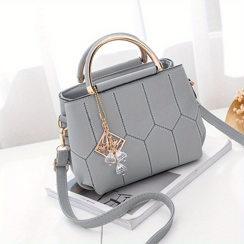 2025 New Women's Geometric Hexagon Pattern Crossbody Bag with Adjustable Strap & Golden-Tone Hardware - Zipper Closure, Polyester Lining, Multiple Colors (Khaki/Dark Gray/White/Pink/Red/Black) - Versatile for Casual & Formal