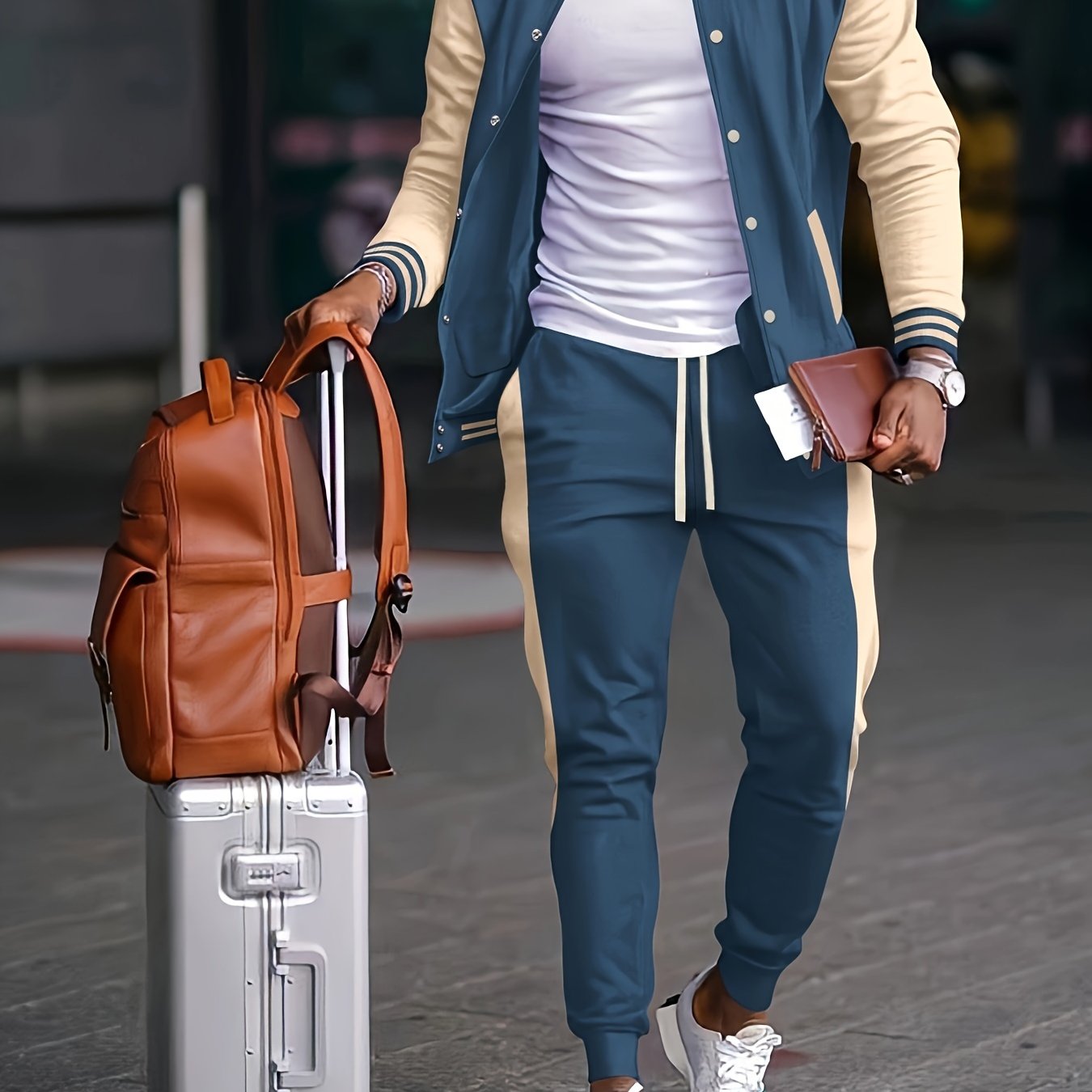 Men'S Casual Baseball Collar Jacket and Pants Set, Color Block Long Sleeve Sweatshirt and Sweatpants, Polyester Woven Suit with Button Detail, Spring/Fall Collection