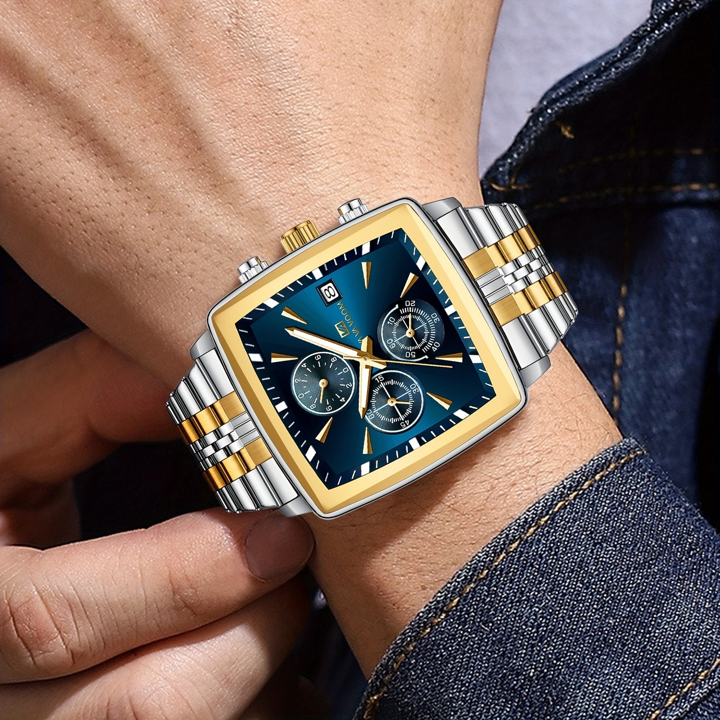 VA VA VOOM Brand New Arrival 1pc Fashionable Golden & Blue & Silveryy & Black Stainless Steel Strap, Oversized Square Dial, Multifunctional Six Needle Three Eyes, with Calendar Window, Luminous Function, High-Quality Fashiona