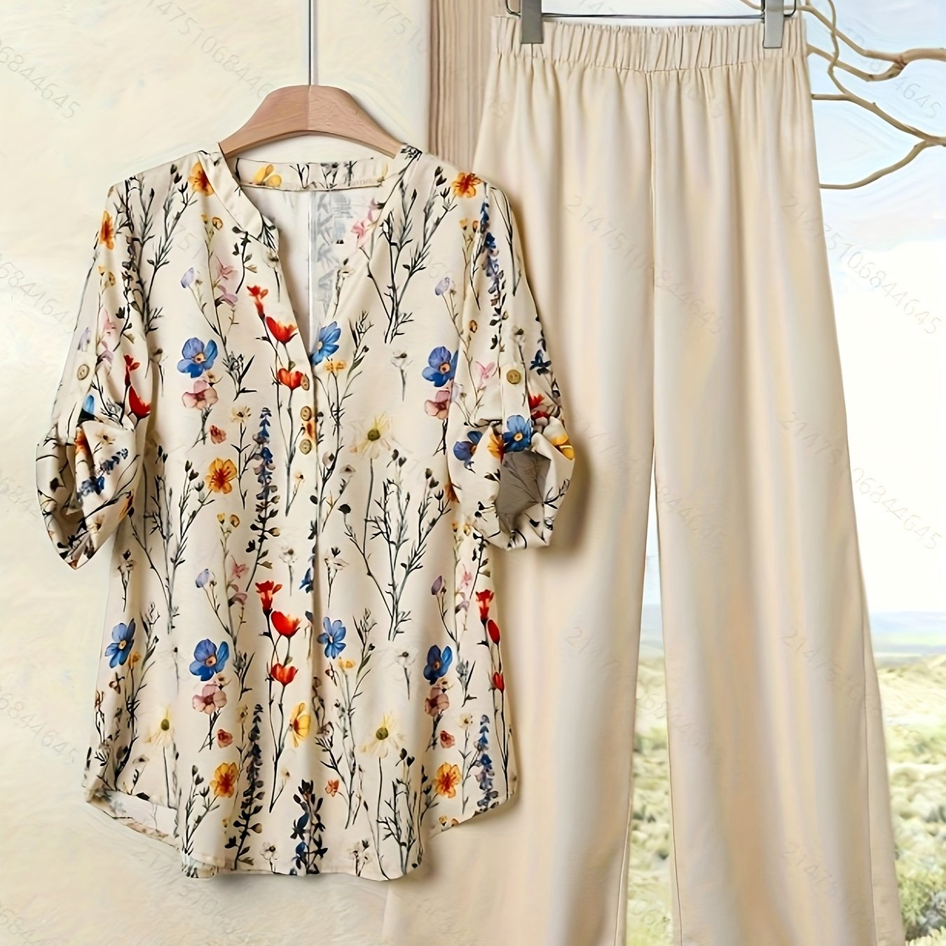 Elegant Floral Print Blouse & High-Waisted Pants Set - Chic Green & White Floral Top with Ruffled Sleeves, Button-Front Design, and Wide-Leg Pants for Spring/Summer, Spring Summer Outfit | Floral Print Blouse | Buttonfront Bl