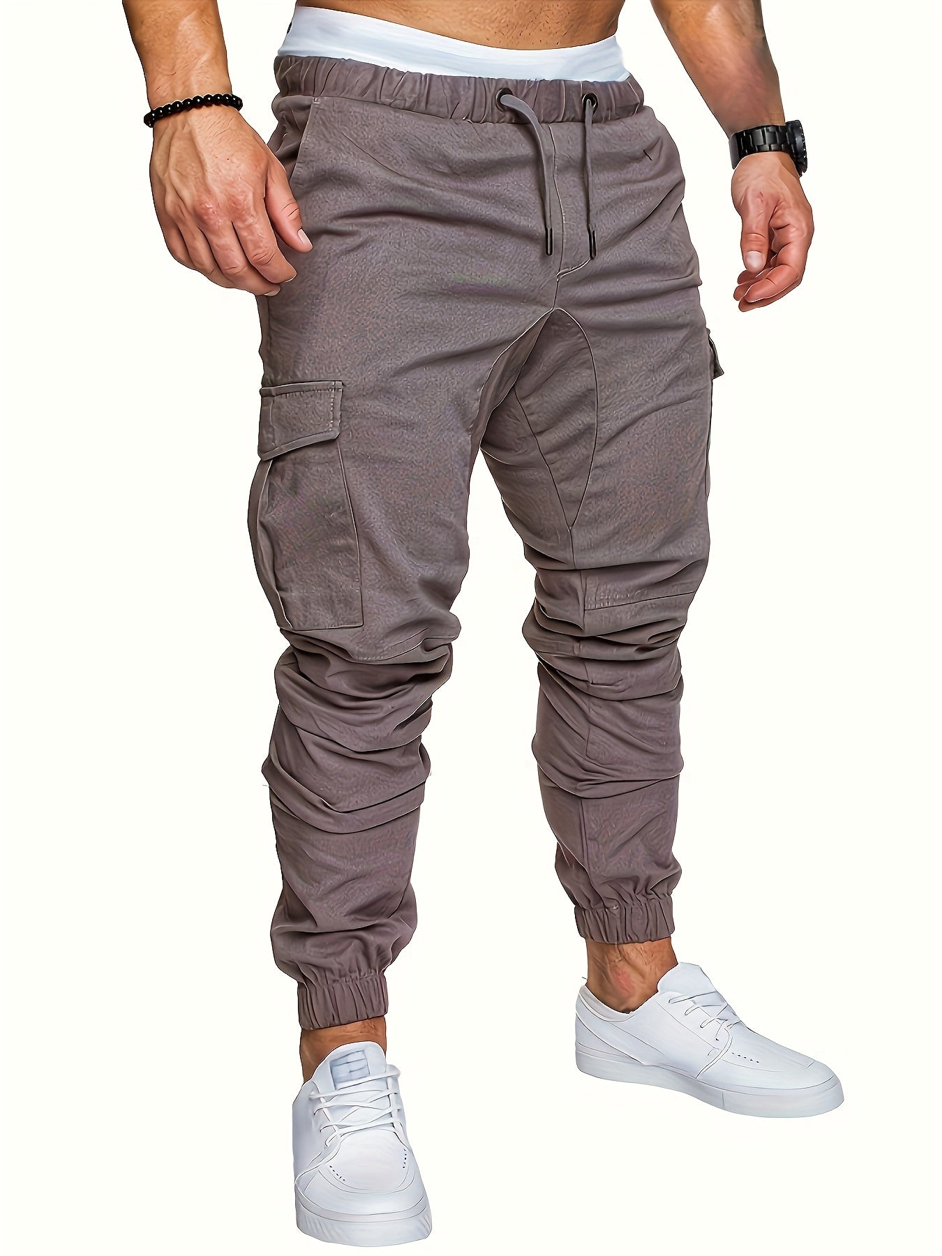 3-Pack Men'S Casual Cotton Cargo Pants, Solid Color, Non-Stretch, Regular Length, Drawstring Waist, Four Seasons, Standard Fit, Woven Fabric