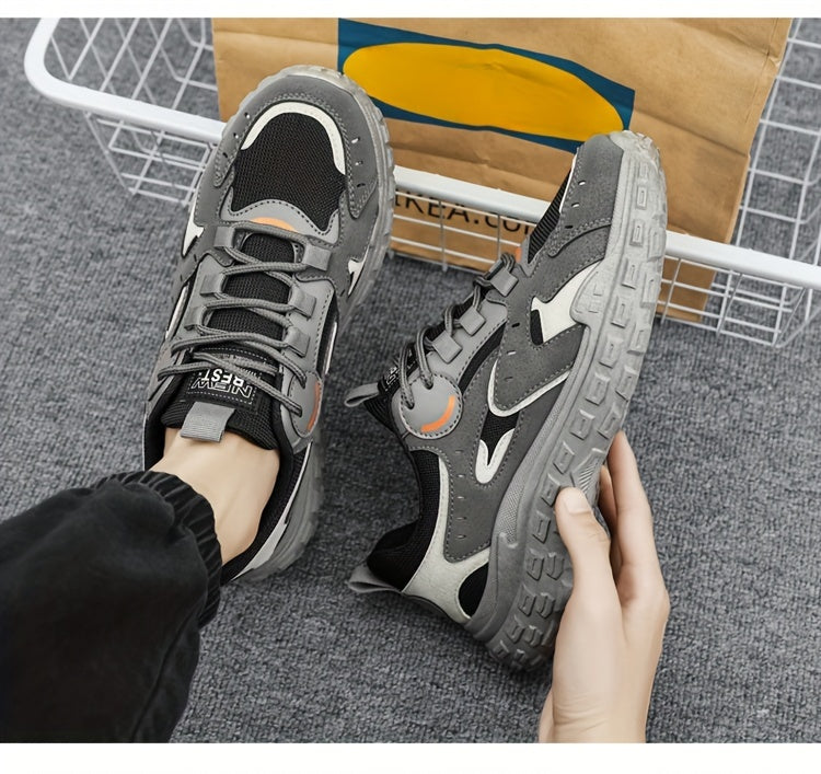 Men's Trendy Chunky Sneakers - Breathable Mesh & PU Upper, Durable PVC Sole, Lace-Up Casual Sneakers in Gray, Black & Orange, All-Season Comfort for Casual Attire