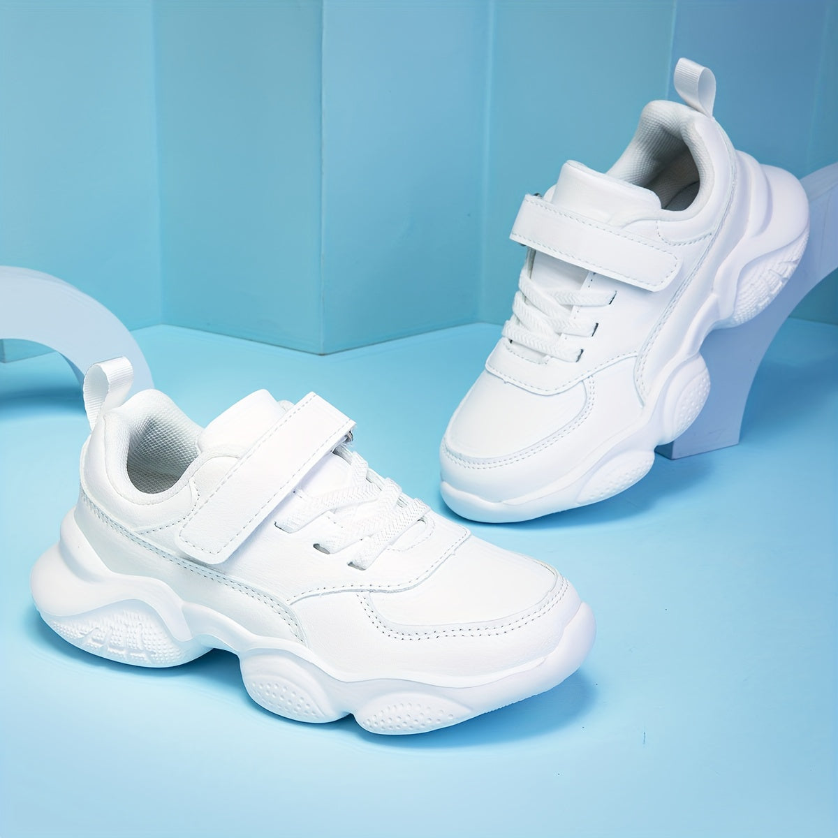 Youngsters' White Chunky Sneakers - Adjustable Hook-and-loop Fastener Strap, Easy Slip-On, Non-Slip EVA Sole, Comfortable Lining, Versatile for School and Sports, All-Season Wear, School Sneakers|Trendy Chunky Sneakers|Durabl