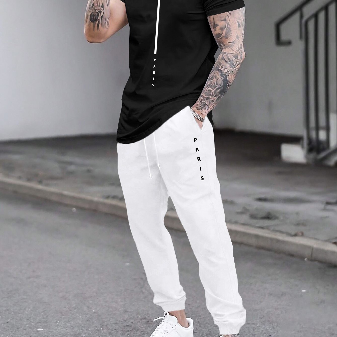 1set Men'S Casual Sportswear Set, Geometric Pattern Short Sleeve T-Shirt and Drawstring Joggers, Knitted Polyester and Elastane Blend, Round Neck, Regular Fit, Four Seasons Outfit