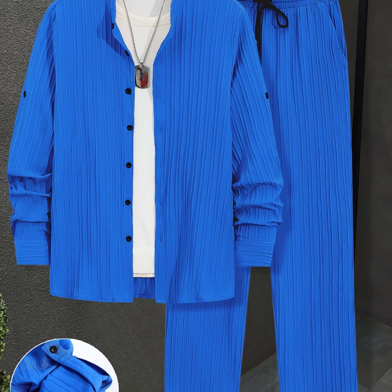 Men'S Two-Piece Set Featuring Textured Fabric, Versatile Long-Sleeve Shirt with Ear Loops, And Loose Drawstring Casual Pants.