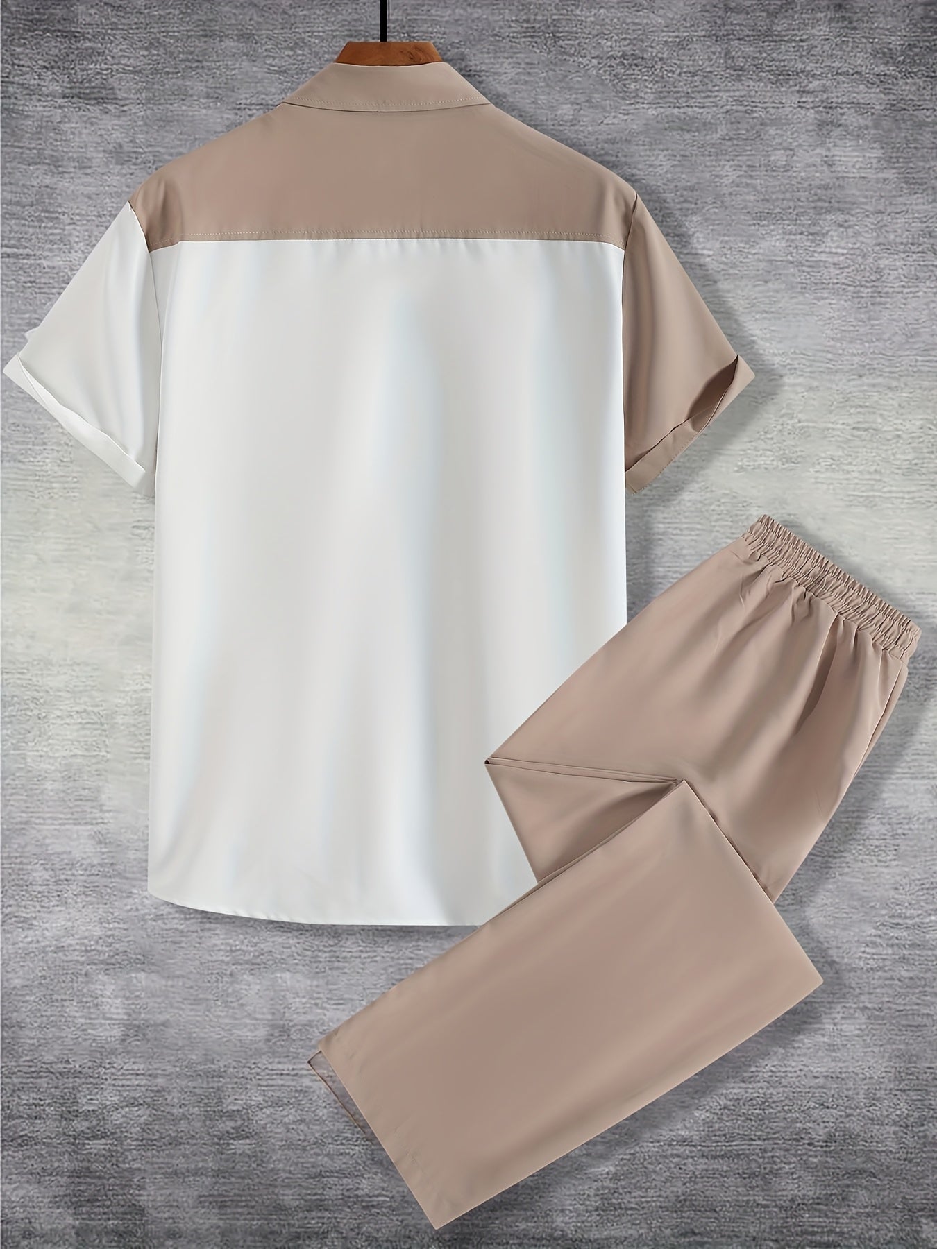Men'S Casual Two-Piece Spring/Summer Color Block Short Sleeve Shirt and Pants Set - Polyester, Regular Fit, Button-Up with Pocket, No Belt, All-Season Wear, Casual Attire|Casual Style|Polyester Fabric
