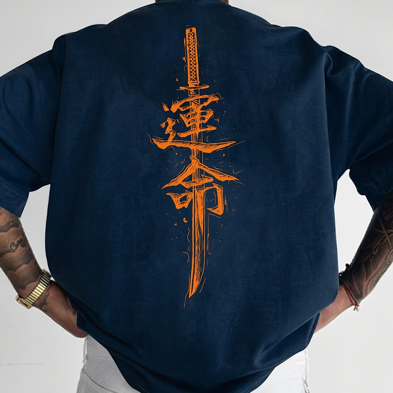 Men'S Japanese Samurai Sword Graphic T-Shirt - Casual Loose Fit Crew Neck, Short Sleeve Tee with Red Stylized Japanese Katanas Design, Breathable Polyester for Spring & Summer Outdoor Wear