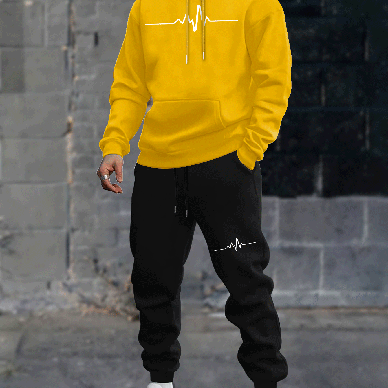 1set Men'S Casual Geometric Heartbeat Pattern Hoodie and Sweatpants Set, Polyester and Spandex Blend, Loose Fit, Hooded Pullover for Autumn/Winter