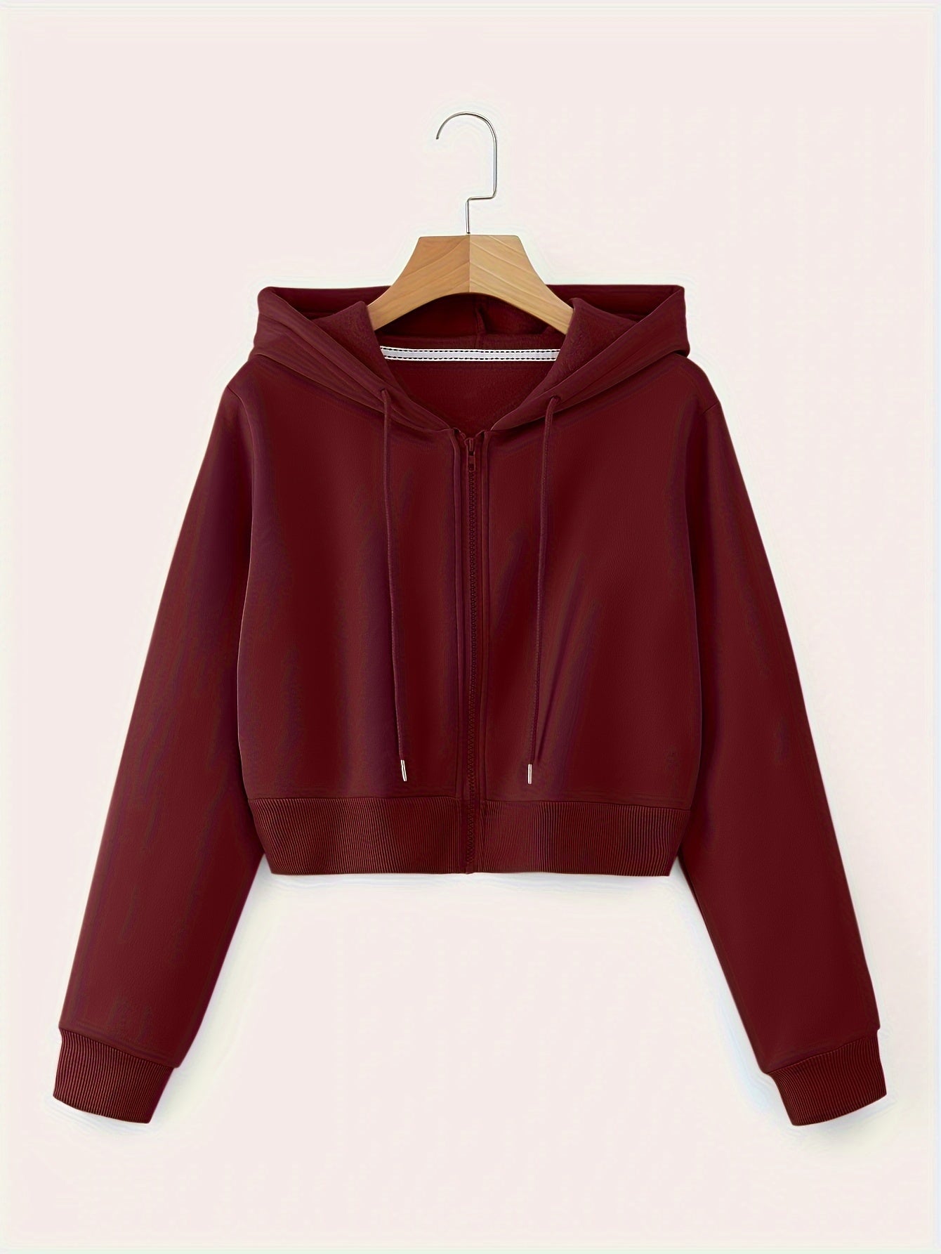 Zip Up Cropped Drawstring Hoodie, Casual Long Sleeve Sweatshirt For Spring & Fall, Women's Clothing