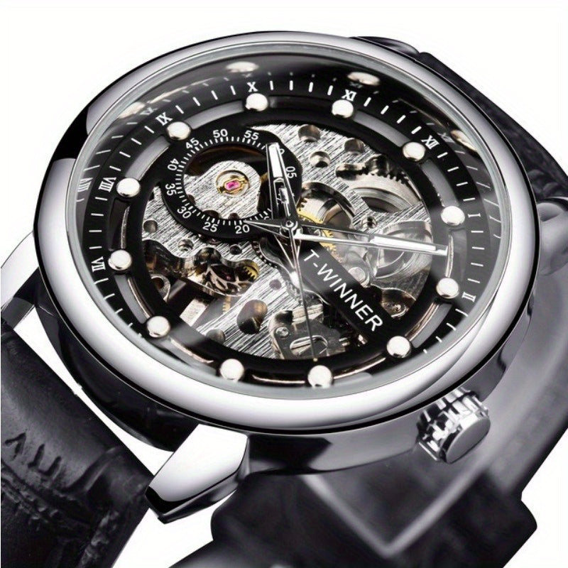 Men'S Luxury Mechanical Skeleton Watch with Golden-Tone Alloy Case & Faux Leather Strap - Mechanical Hand-Wind, World Time, Date Display, Elegant Fashion Accessory for Casual Attire, Mechanical Watch, Sophisticated Design, In