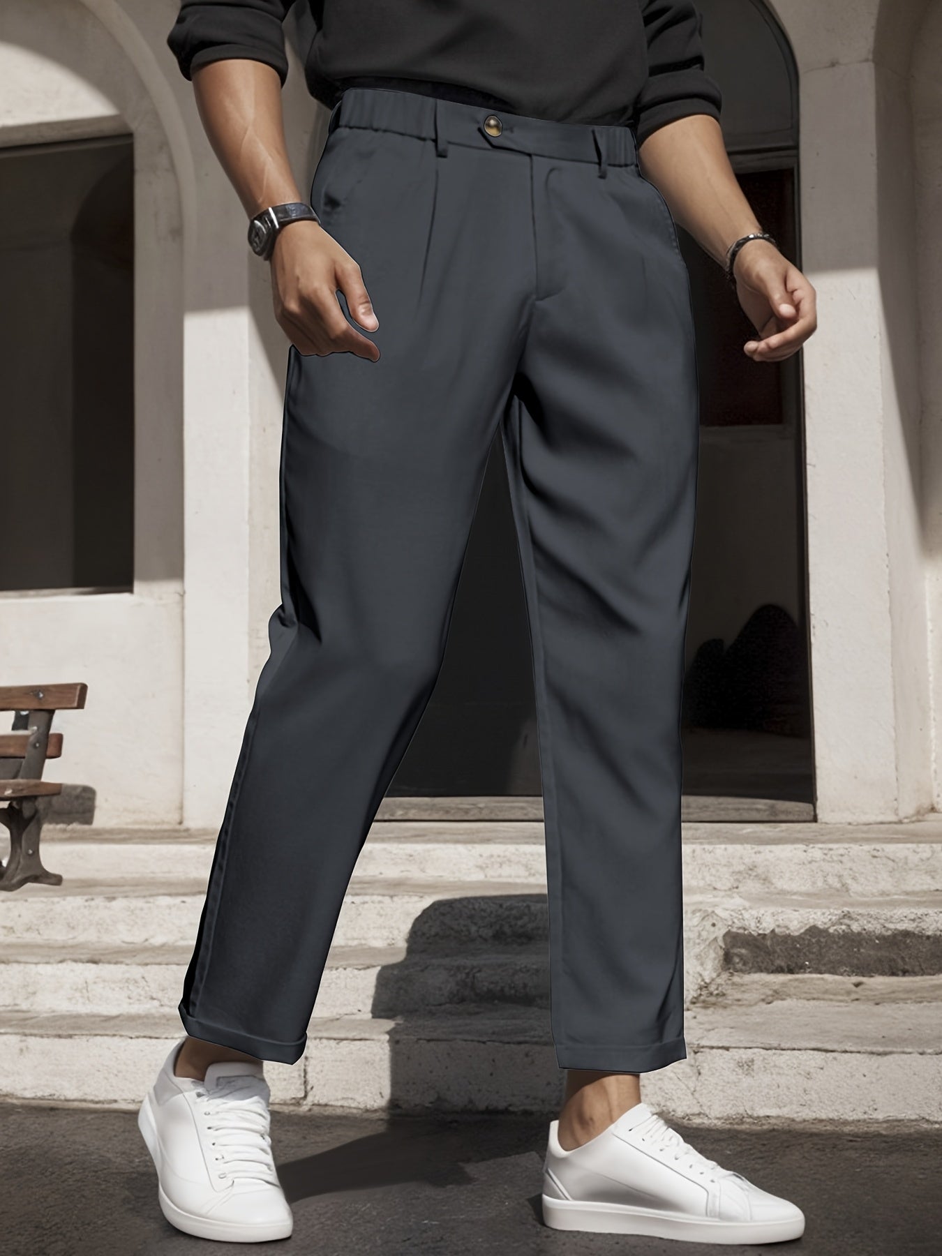 Men's Sleek Solid Color Dress Pants - Polyester, Mid-Rise with Pockets, Ideal for Office & Casual Wear in Spring/Summer, Non-Stretch Fabric