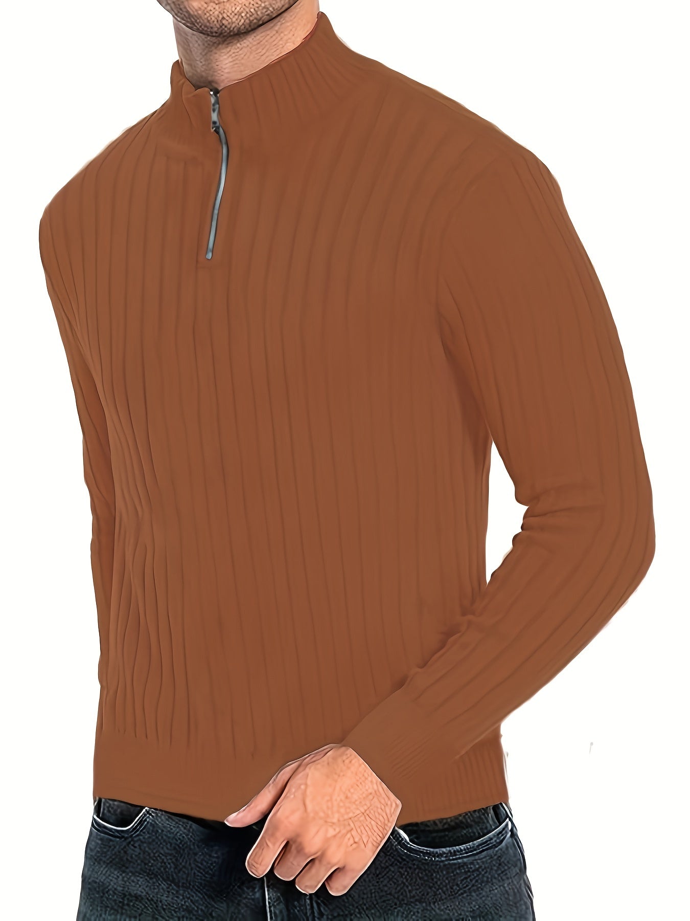 Men'S Casual Polyester Sweater, Solid Color, High Neck Quarter Zip, Long-Sleeved Pullover, Regular Fit, 100% Polyester Knit Fabric, 230g/m² - Fall/Winter Essential