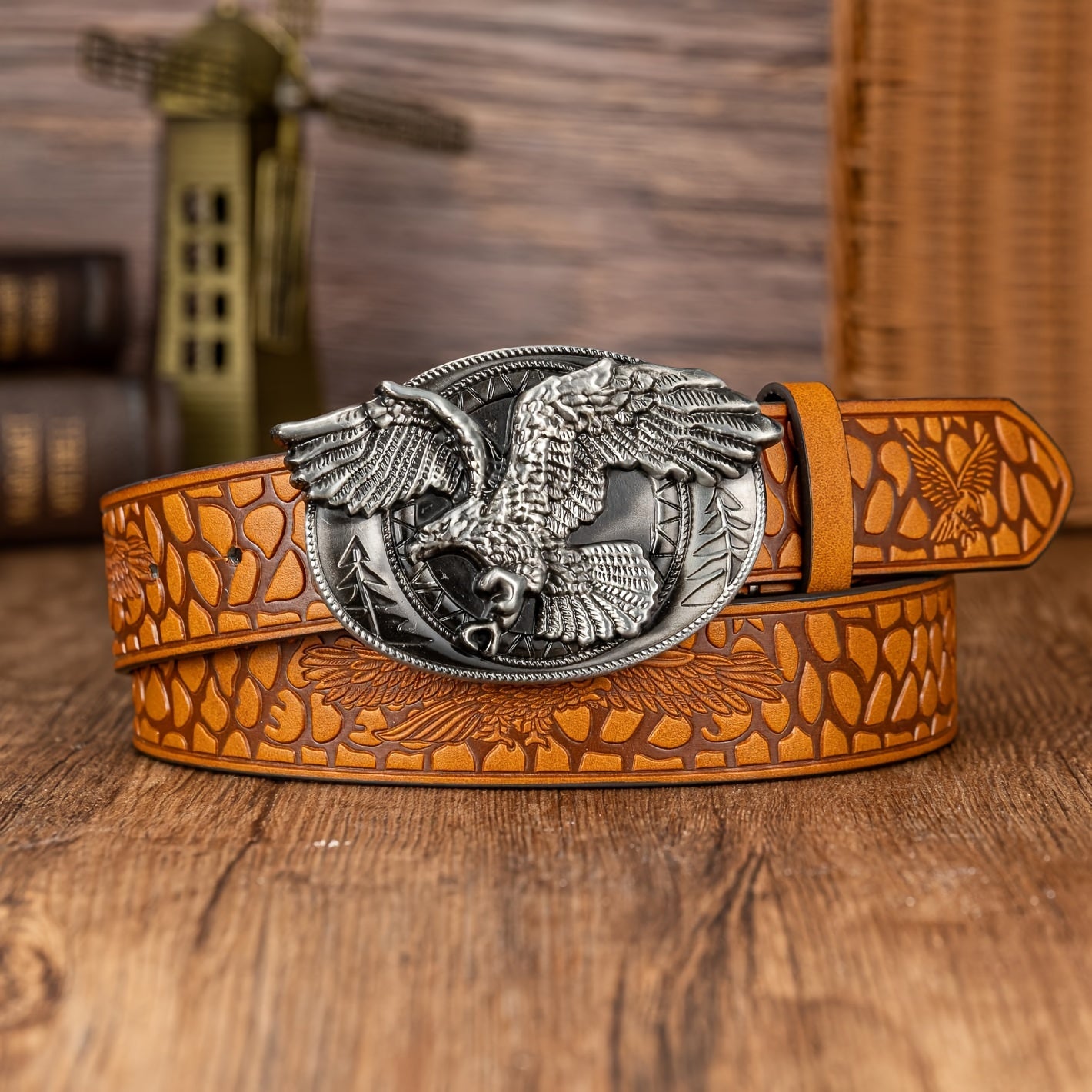 Oval Eagle Large Buckle Belt, Embossed PU Leather Belt, Men's Belt, Ideal choice for Gifts