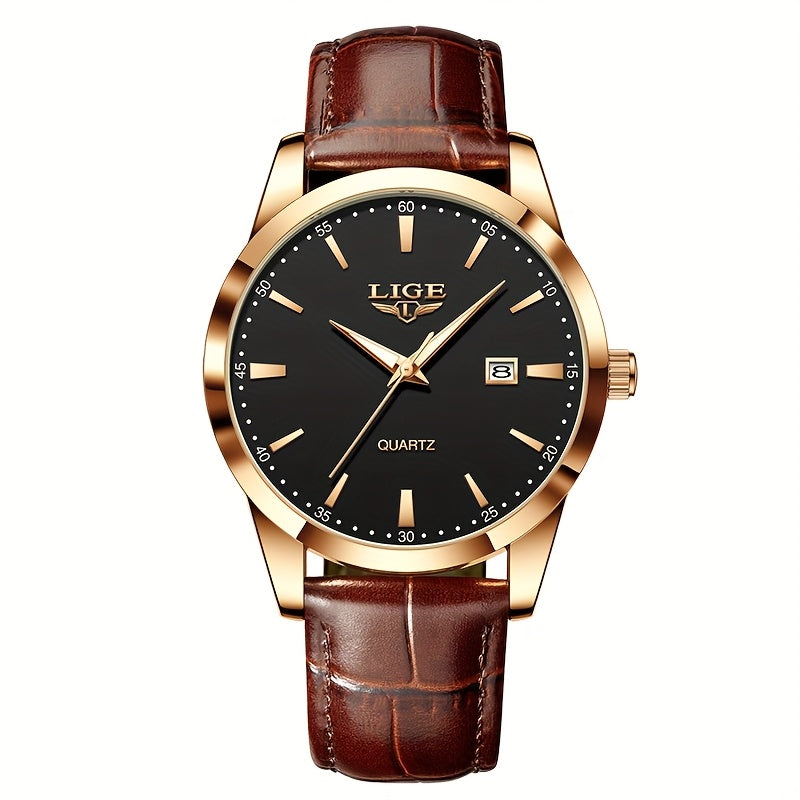 A Stylish Timepiece By LIGE Featuring A Blend Of Business And Casual Design, With A Faux Leather Strap, Alloy Case, And A Non-rechargeable Battery.