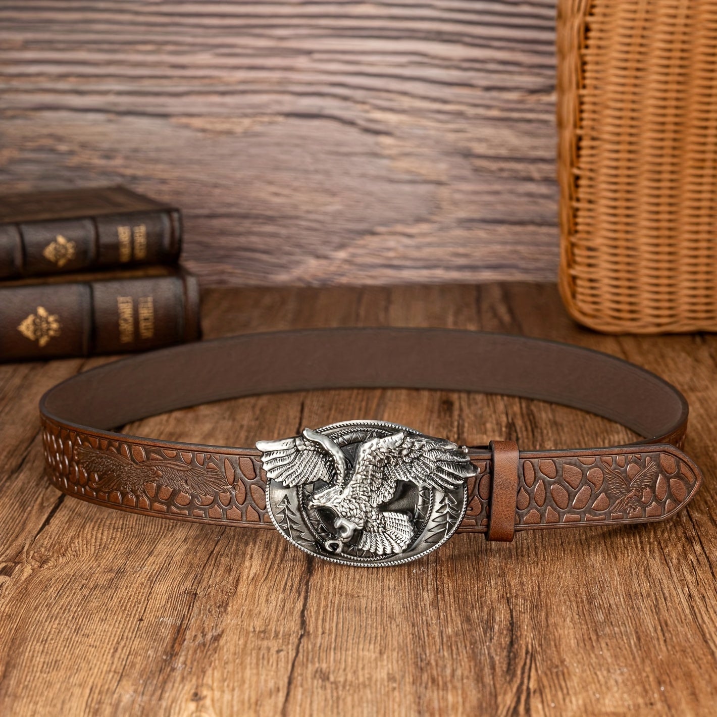 Oval Eagle Large Buckle Belt, Embossed PU Leather Belt, Men's Belt, Ideal choice for Gifts