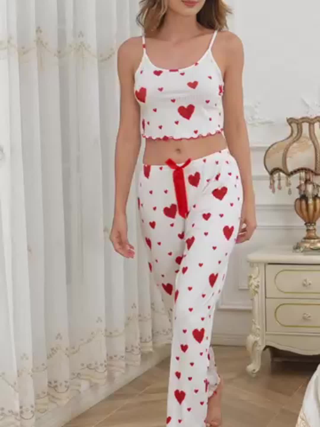 2024 Autumn Women'S Sexy Heart Print Spaghetti Strap Pajama Set - Sleeveless Striped Lounge Wear with Ribbed Detail, Perfect for Fall and Spring, Casual Attire|Heart Print Top|Strapless Desig