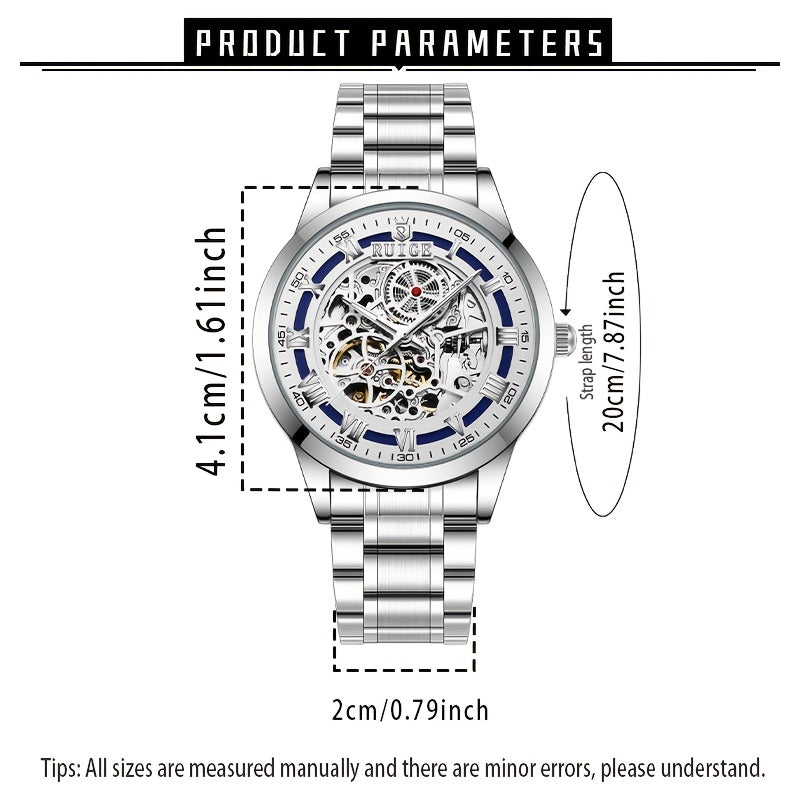 Dianpai Men'S Luxury Automatic Mechanical Watch - Skeleton Design, Stainless Steel Strap, Blue & White Dial, Mechanical Movement, Ideal for Christmas, Thanksgiving, and Spring Festival, Without Battery