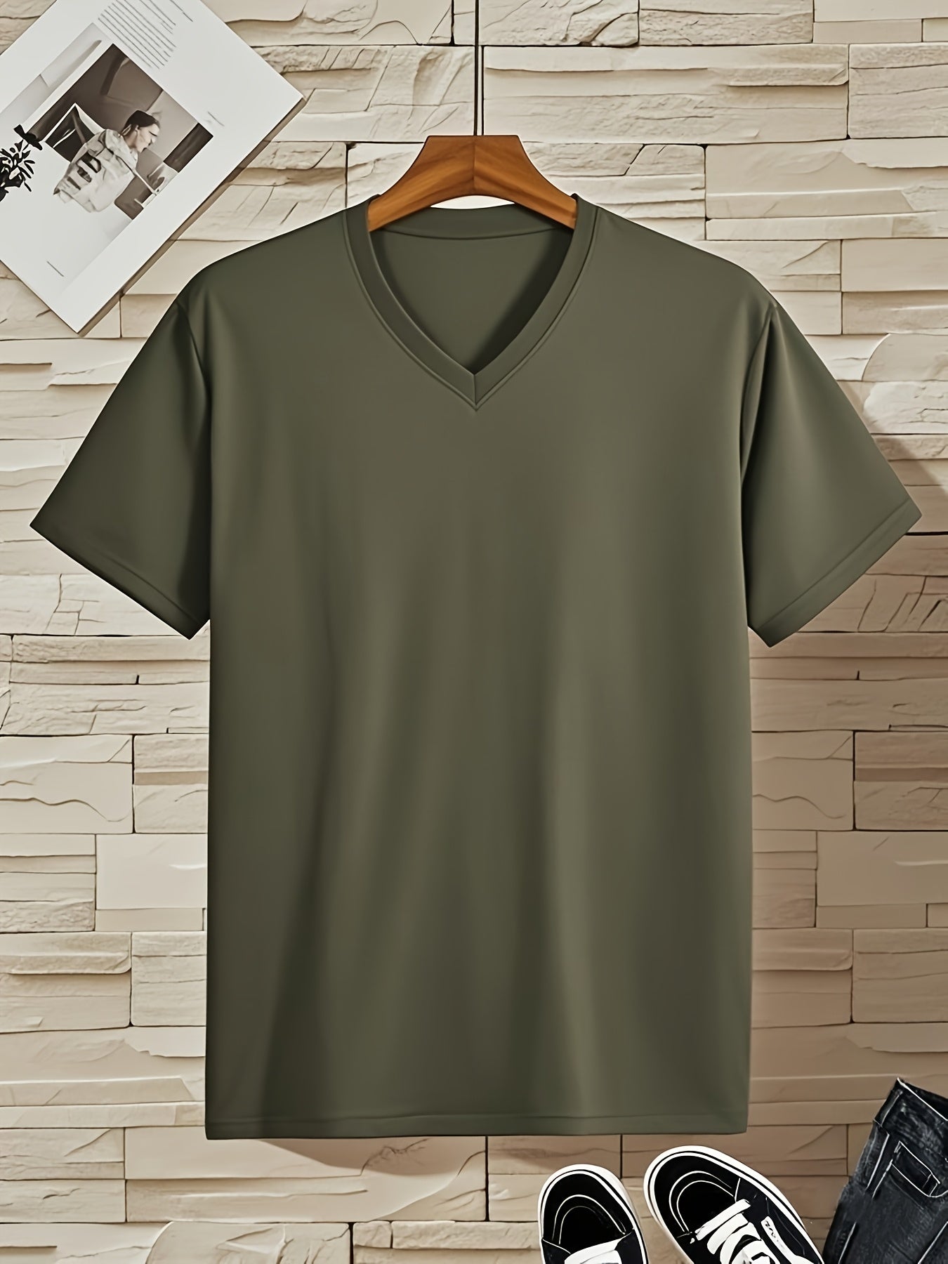 Men'S V-Neck Short Sleeve T-Shirt - Lightweight & Breathable, Casual Fit, Solid Black, Perfect for Summer, High-Quality Knit Fabric, Everyday Tshirt | Casual Style | Comfortable Fit