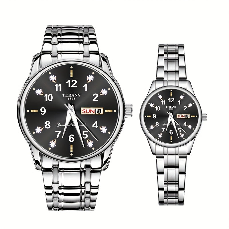 Two Stylish Digital Round Dial Couple'S Quartz Watches - IPX7 Waterproof, Luminous, Dual Calendar, Date and Day/Week Display, Alloy Strap Business Watches, Suitable for Women and Men, Valentine'S Day Gift Wristwatches