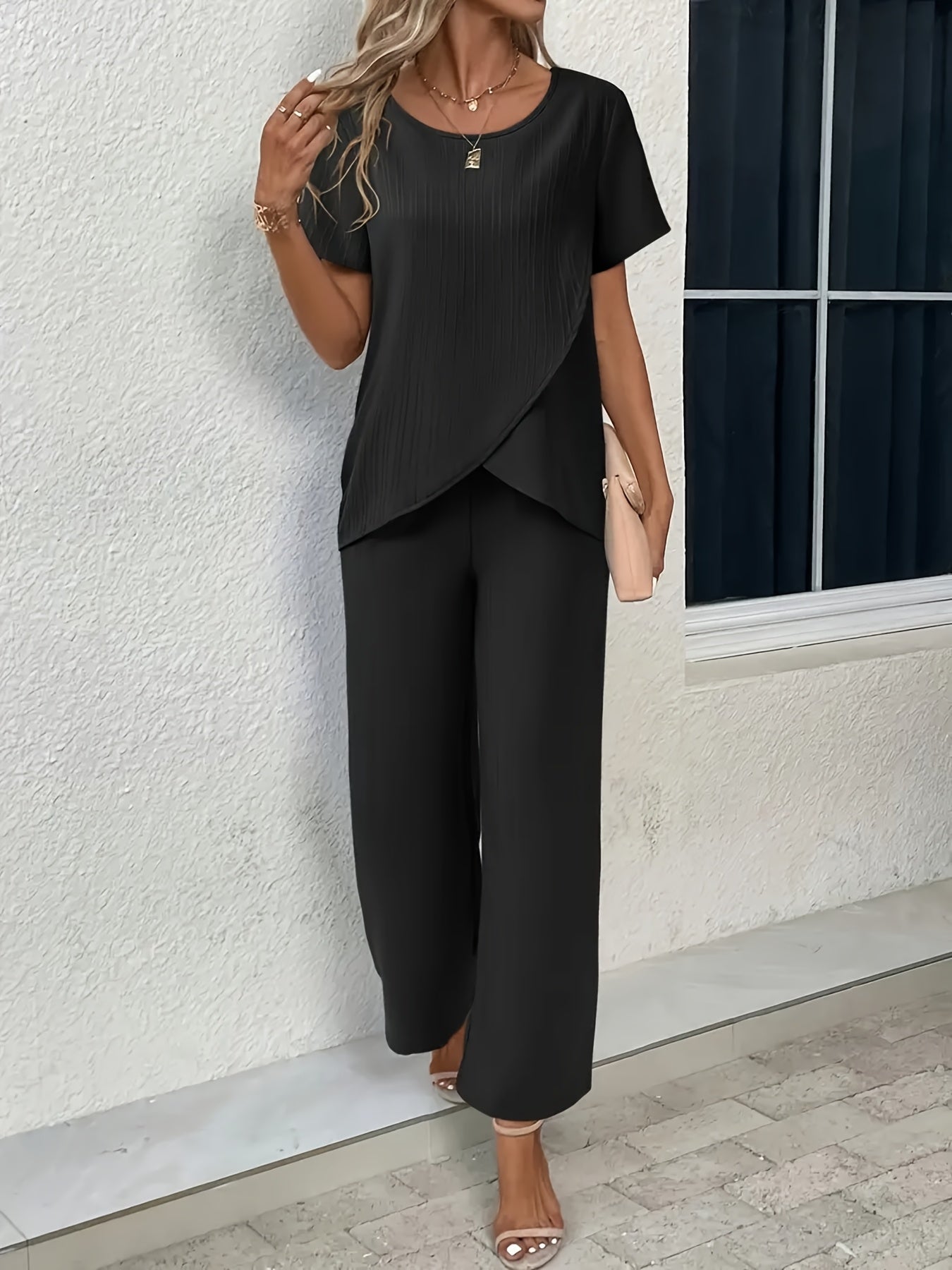 Solid color casual pants set, asymmetrical hem round neck short sleeve top and pants set, Women's clothing