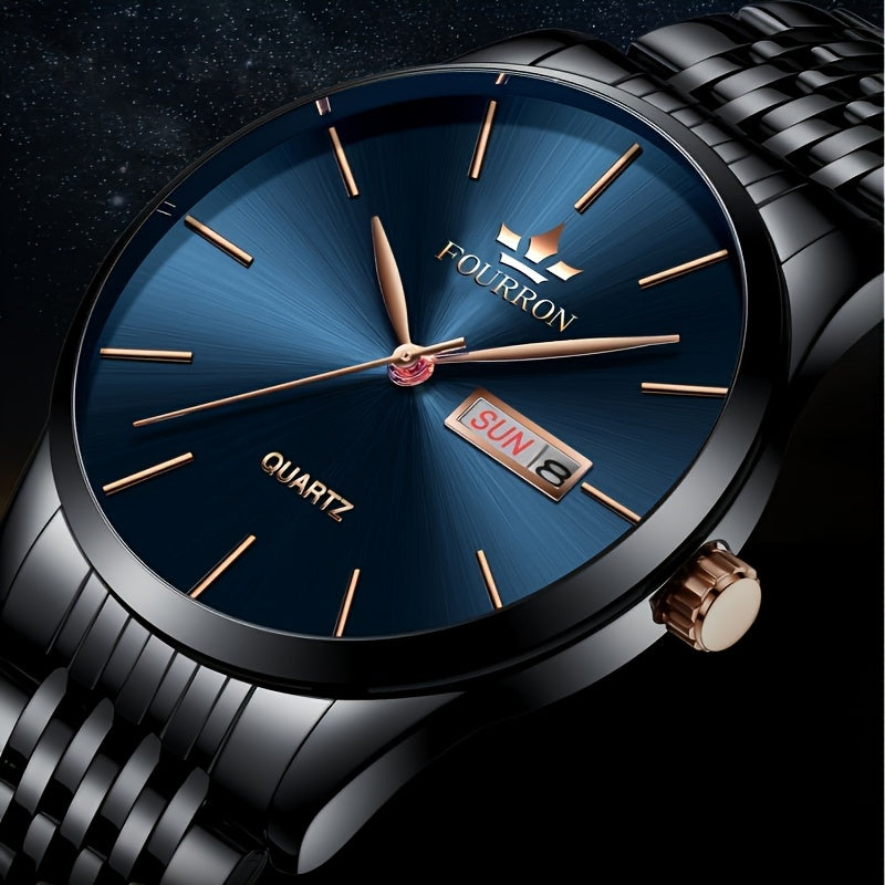 An Ideal Choice For A New FOURRON Brand Men's Luxury Stainless Steel Strap Simple Dial Quartz Watch With Date Calendar, Trendy Fashion Sports Casual Lifestyle Travel Multi-function Watch, Ideal For Friends' Birthdays, Holiday
