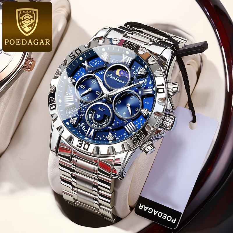 POEDAGAR Men'S Luxury Stainless Steel Quartz Watch with Moon Phase and Calendar - Waterproof, Night-Glow Hands, and Detailed Dial for Business and Formal Attire, Formal Watch | Detailed Watch Face | Quartz Movement