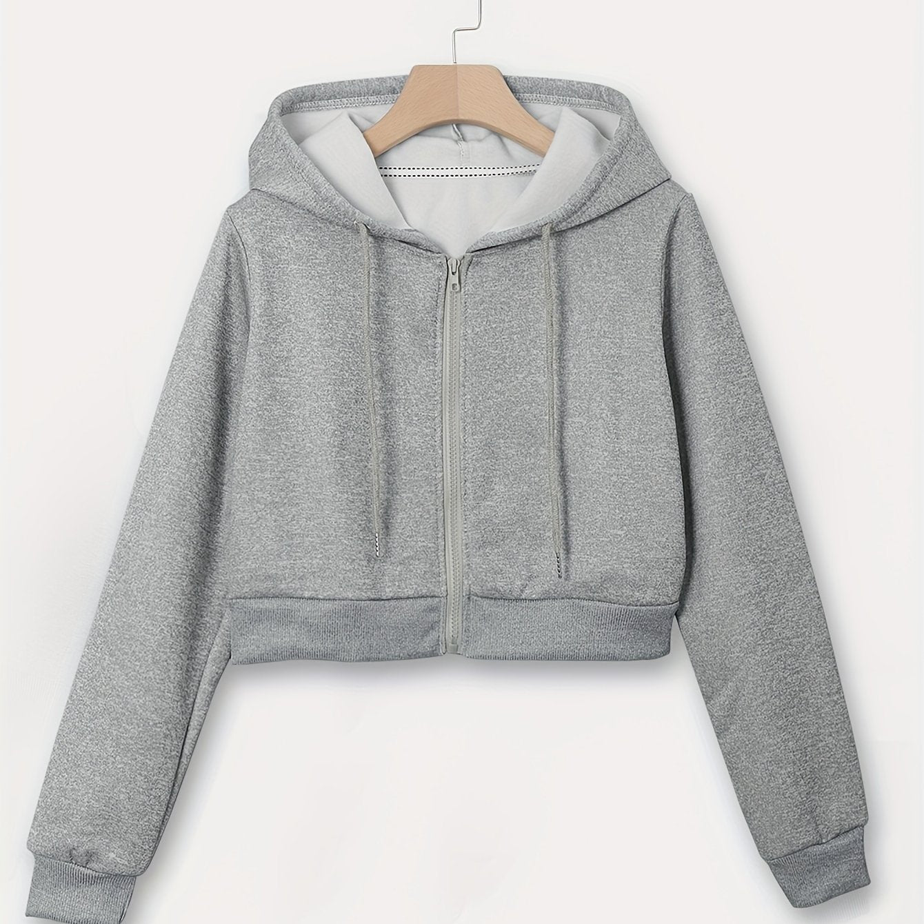 Zip Up Cropped Drawstring Hoodie, Casual Long Sleeve Sweatshirt For Spring & Fall, Women's Clothing