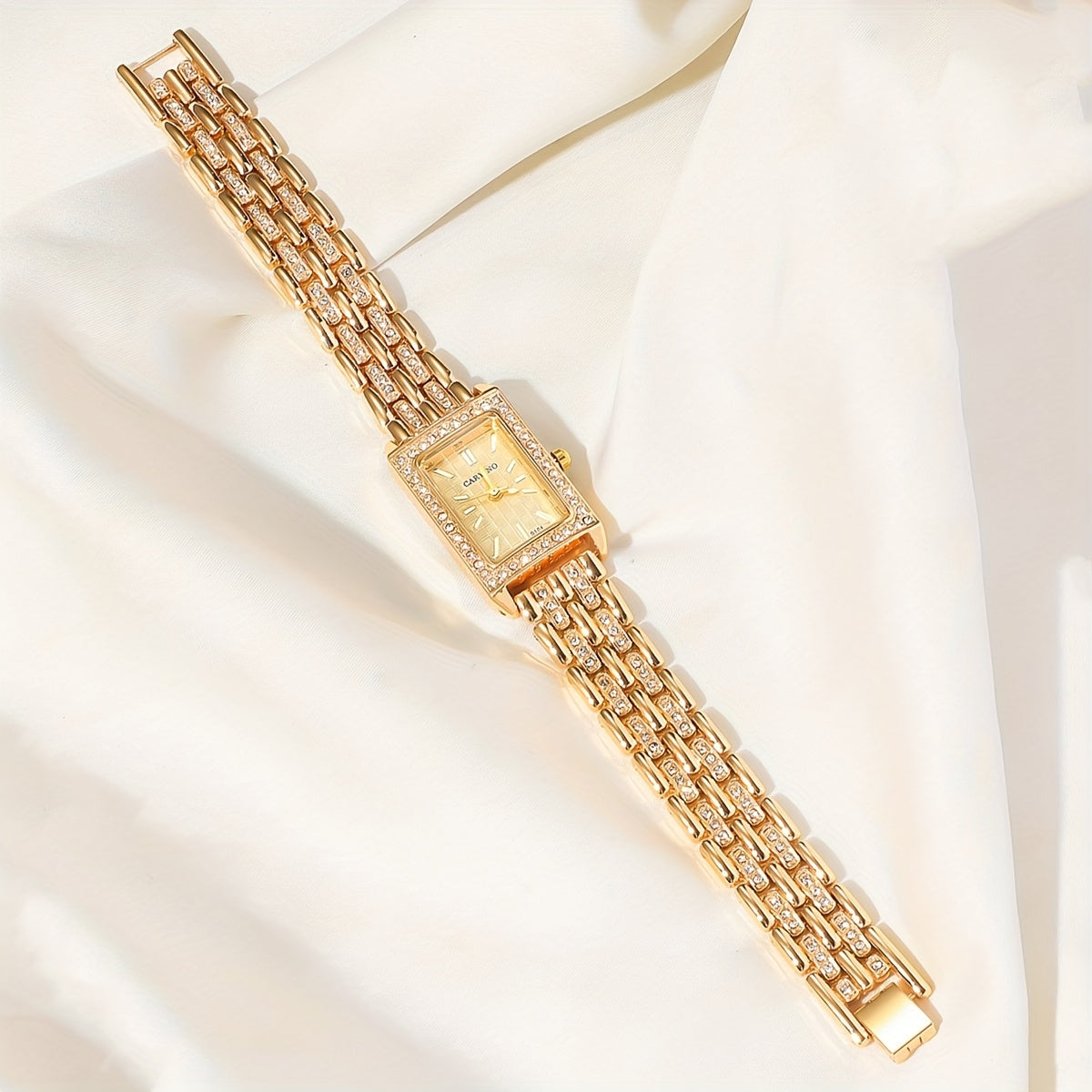 Elegant Cartier-Inspired Zinc Alloy Bracelet Watch with Sparkling Rhinestones - Rectangular Face, Quartz Movement, Non, Perfect for Daily Wear, Parties, Birthdays, and Festive Gifts, Festive Accessory | Elegant Bracelet | Qua