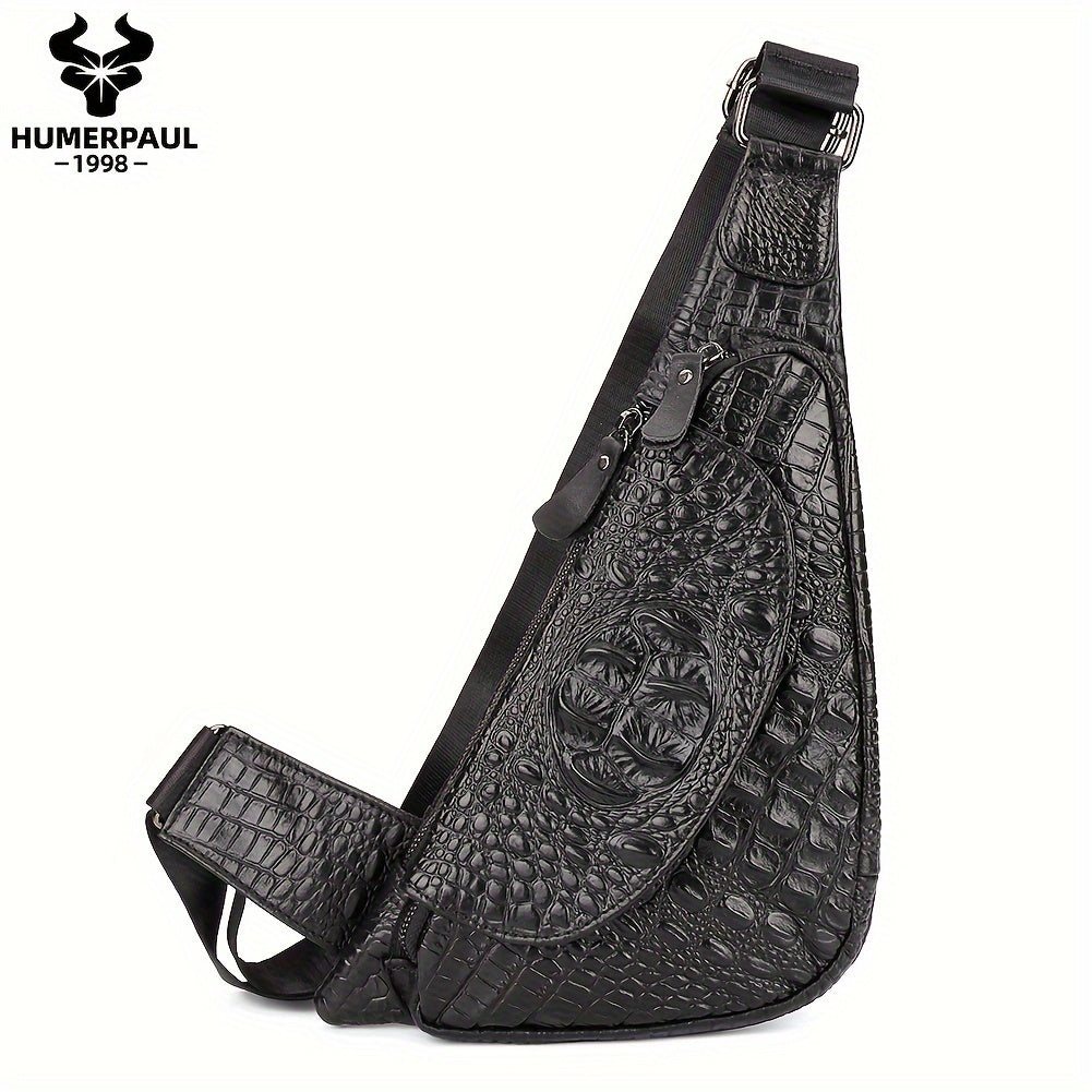 HUMERPAUL Men'S Casual Brown Leather Crossbody Bag with Alligator Print - Adjustable Strap, Multi-Compartment, Everyday Commute Shoulder Bag, Everyday Bag | Casual Style Bag | Adjustable Strap Bag