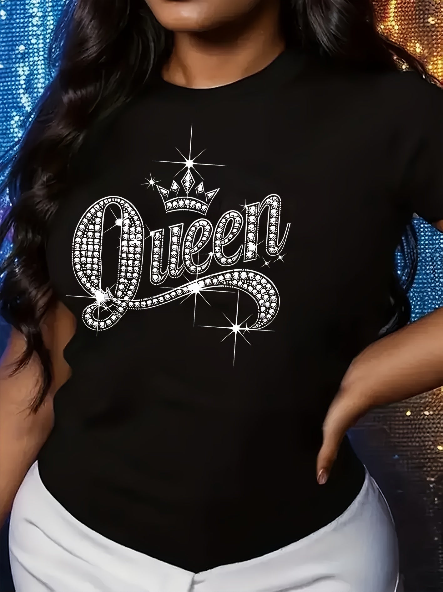 Sparkling Rhinestone Queen Crown Graphic Casual T-Shirt - Vibrant Orange Short Sleeve Round Neck Top with Medium Stretch, Machine Washable for Casual Attire & Parties, Cute T Shirts, Allseason Apparel, Party Wear, Mediumstret