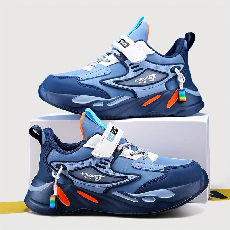 Boys' Sports Casual Running Shoes, Microfiber Synthetic Leather Hook and Loop Fastener, Round Toe Lightweight Cross-Trainer, Fabric Insole, EVA Sole, Striped Fashion Sneakers for All-Season Activities
