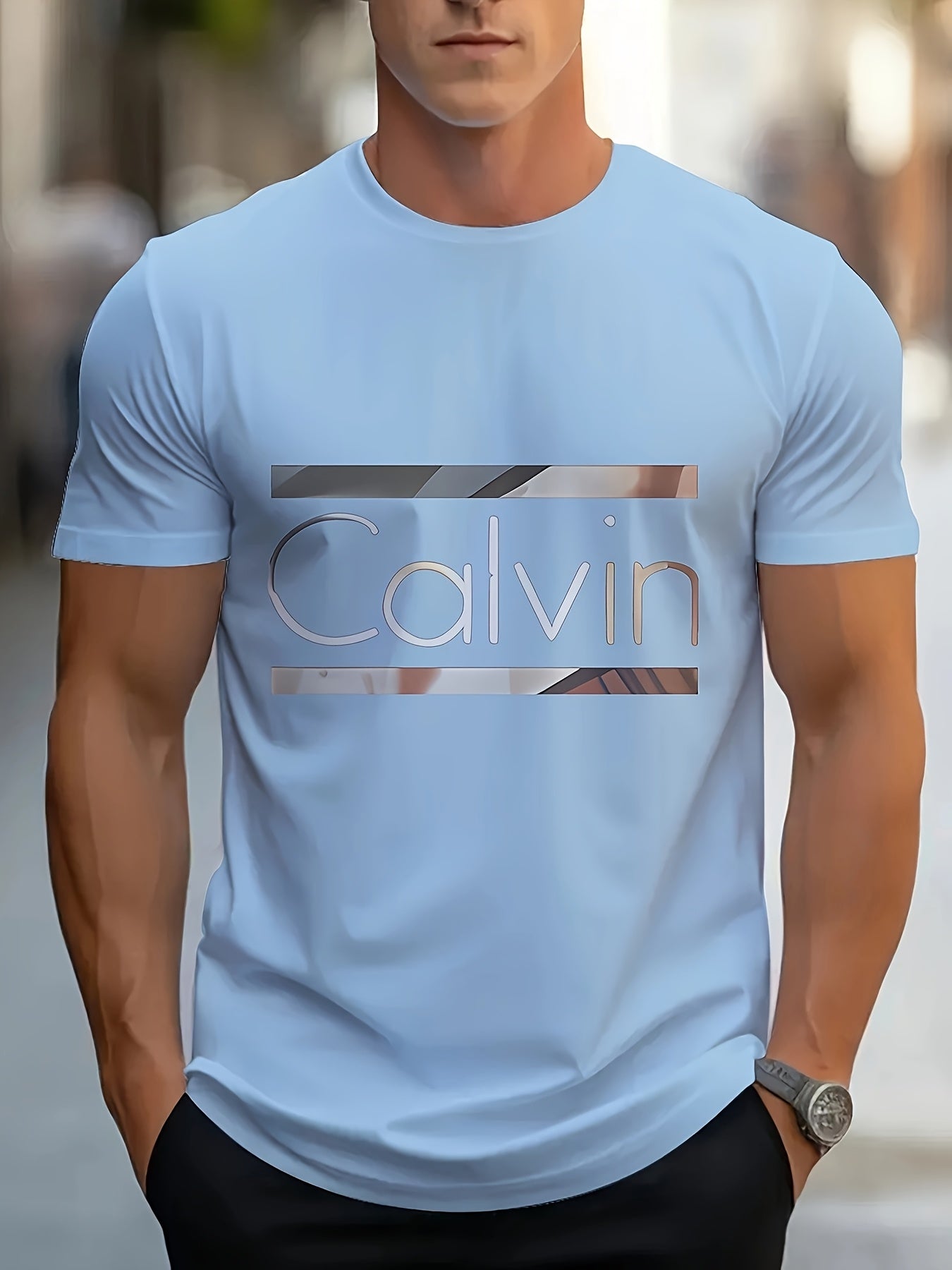 Men'S "Calvin" Graphic T-Shirt - Casual 3D Print Letter Tee with Geometric Design, Short Sleeve, Round Neck, Light Blue, Perfect for Summer, Everyday & Sportswear, Casual Wear Tee | Modern Casualwear | Comfortable Fit