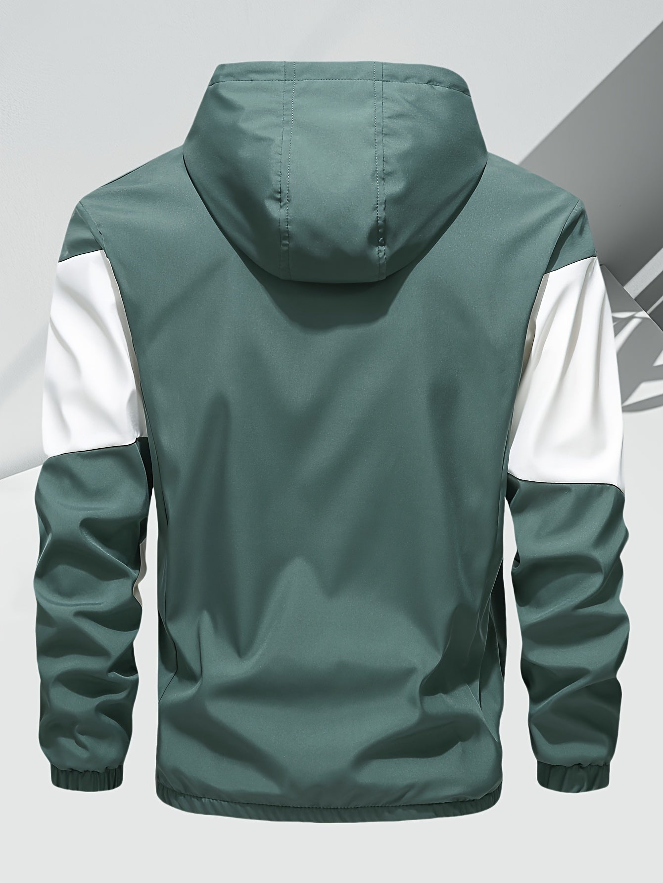 Men's Casual 2-Piece Outfit, Stylish Color Block Zip Up Hooded Jacket, Breathable Solid Color Drawstring Pants