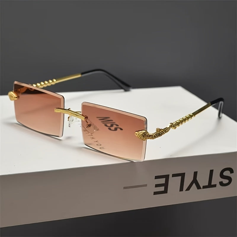 1 Pair Men's Frameless Rectangular Fashion Glasses with Golden Snake-Light Beige Metal Temples - Wide Fit (>139mm), Decorative Lens, Casual Fashion Accessories for Halloween/Christmas/Mother’s Day, Trendy Eyewear, Snake Pat