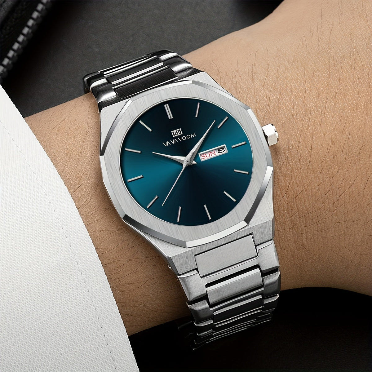 1pc Men'S Luxury Business Style Watch - Blue & Golden Stainless Steel, 42mm, Dual Calendar Quartz Movement, VA VOOM Brand, Outdoor Sports & Leisure Gift, Outdoor Sports Watch | Elegant Watch Design | Quartz Watch Movement, Lu