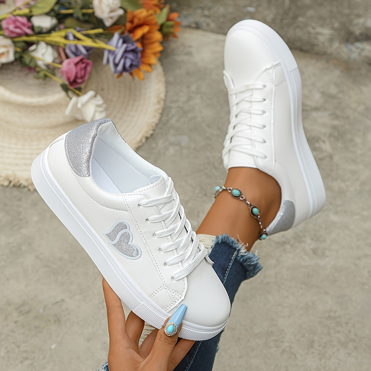 Women'S White Faux Cover Casual Sneakers - Low-Top Lace-Up Shoes with Heart Design, Rubber Sole, All-Season Comfort, Casual Footwear | Heart Detail Shoes | Synthetic Cover Sneaker