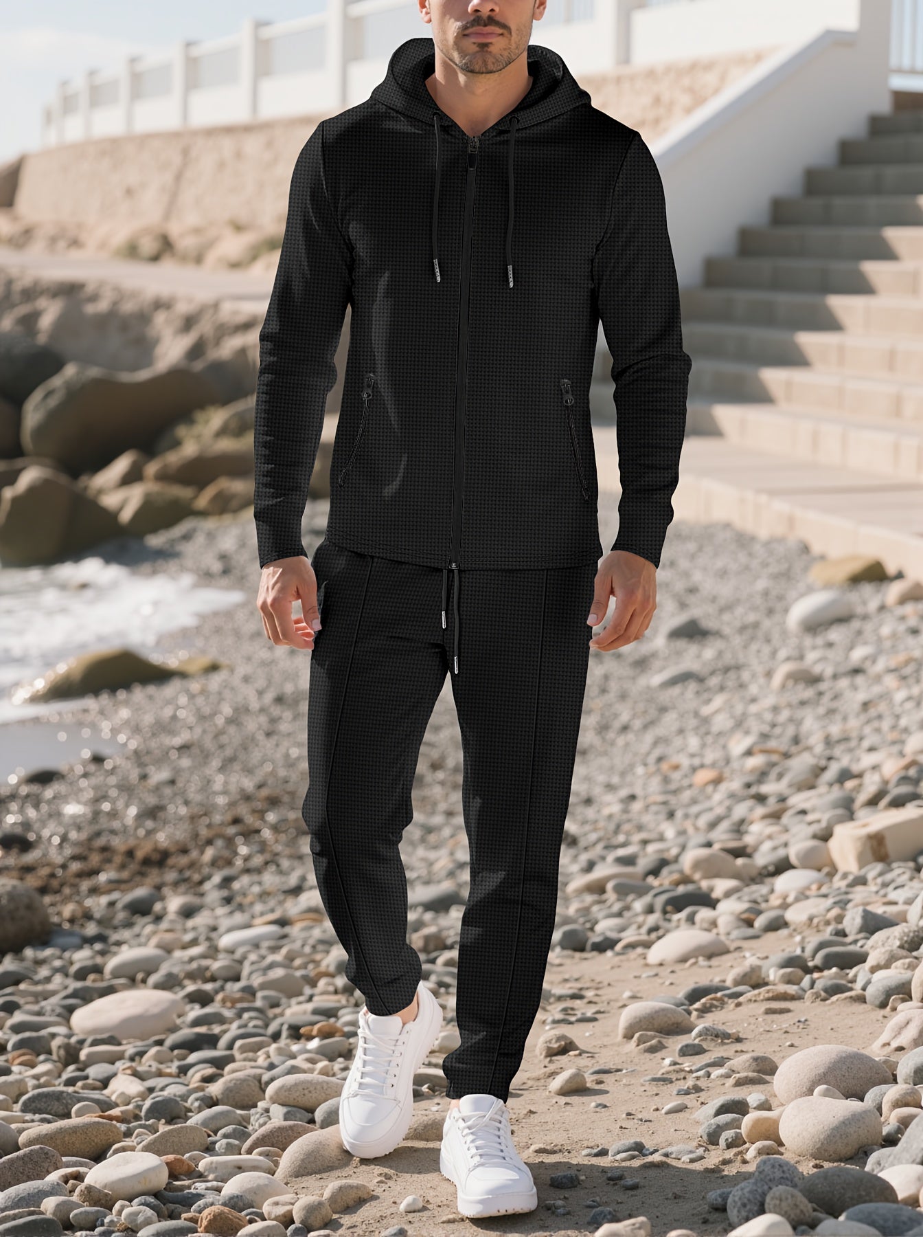 New Style Autumn Men's 2pcs Set, Casual Hooded Long Sleeve Zip-Up Sweatshirt and Drawstring Jogger Pants with Pockets, All-Season Outfit for Men