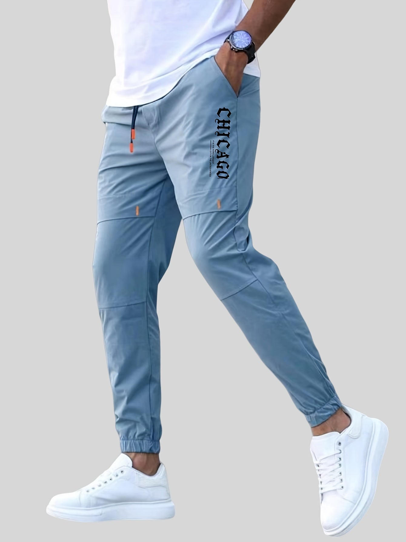 Men'S Casual Drawstring Joggers, 100% Polyester Non-Stretch Woven Fabric, All-Season Regular Fit Trousers with Alphabet Print Detail, Fashionable Workwear Style