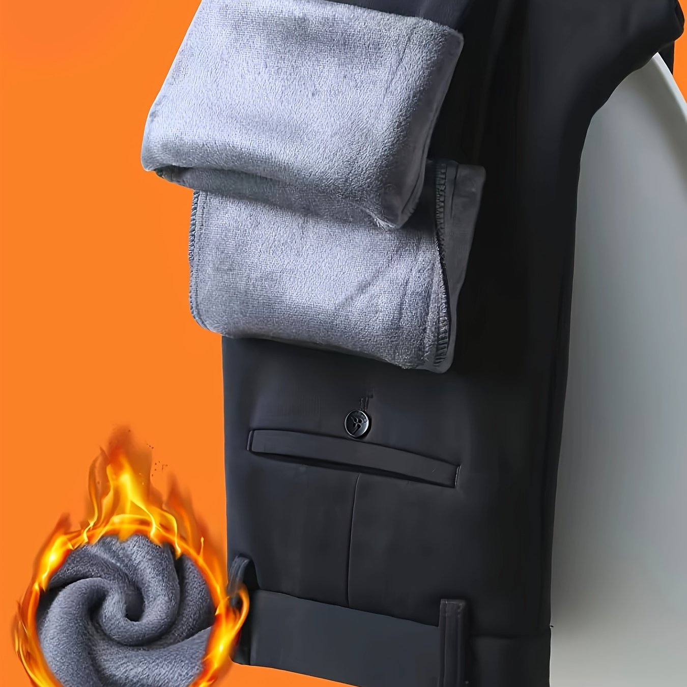 1pc Men'S Warmth Business Casual Pants, Fall/Winter Fleece-Lined Thickened Straight-Leg Trousers with Slant Pockets, Solid Color Knit Fabric Regular Fit Dress Pants with Zipper Closure, Medium Stretch Polyester