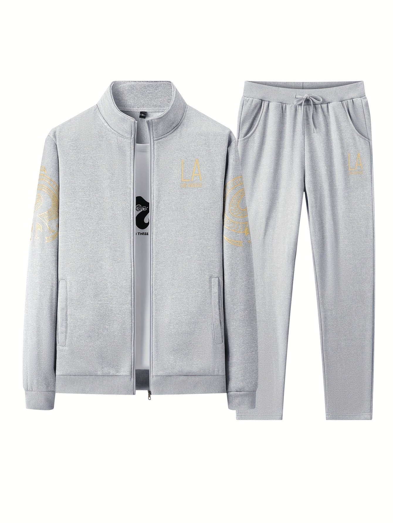 Men's Casual Print Sweatshirt & Joggers Set - Polyester, Stand Collar, Zip-Up Jacket for Spring/Fall